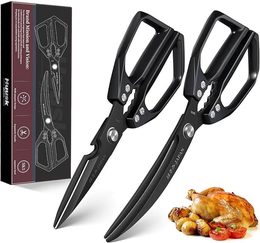 HUUSK Kitchen Scissors Set Black - Stainless Steel Kitchen Shears, Sharp Meat Scissors Dishwasher Safe, Heavy Duty Poultry Shears all Purpose, Japanese Cooking Scissor for Food, Chicken, and Turkey