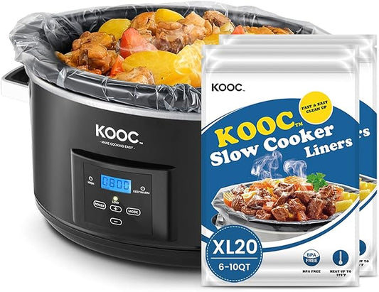 KOOC Slow Cooker Liners 14"x22" 20 Count Extra Large Size Disposable Pot Liners Cooking Bags Fit 6 qt to 10 qt Pot BPA Free Fresh Locking Seal Design