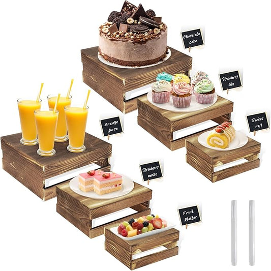 6 Pcs Buffet Risers with Mini Signs, Rustic Wood Cake Stands, Food Risers for Buffet Table, Dessert Display Stand, Wood Crates, Rustic Cake Stand for Party, Wedding, Birthday, Baby Shower, 3 Sizes
