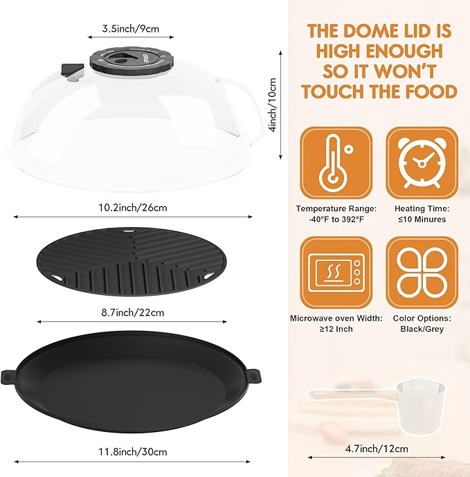 Microwave Splatter Cover for Food, Plastic Microwave Cover with Water Steamer and Integrated Handle, 10 Inch Splatter Guard Lid with Plate, Kitchen Gadgets & Accessories (Black, 10 inch)