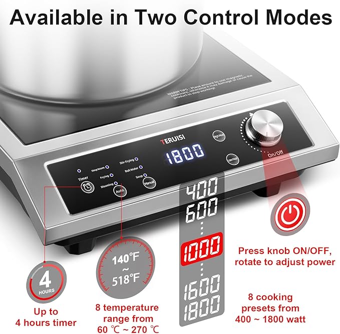 Induction Cooktop Commercial, 1800W Electric Stove with 18/10 Stainless Steel, 4 Hours Timer, 6 Preset Functions, 8 Temp/Power Levels, Portable Countertop Burner for RV Home Kitchen