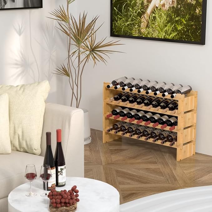 Domax Wine Rack Freestanding Floor - 36 Wine Bottle Holder, Large Stackable Wooden Storage Racks for Inside Cabinet and Countertop (Yellow)