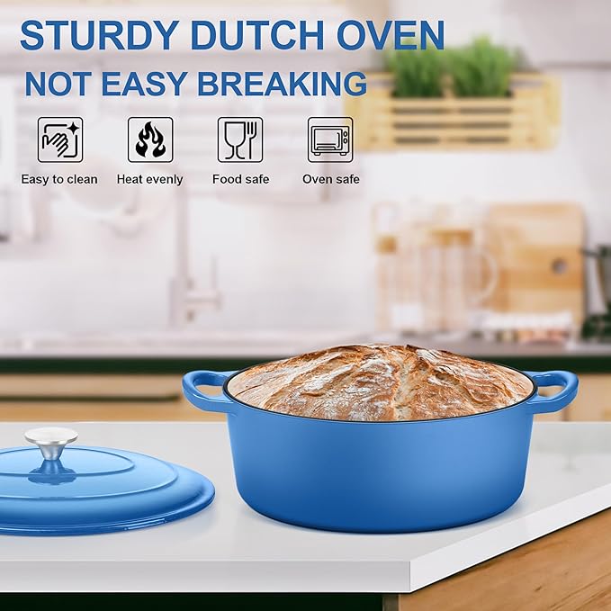 E-far 5QT Oval Dutch Oven Pot with Lid, Enameled Cast Iron Dutch Oven with Dual Handles for Sourdough Bread Baking Cooking, Nonstick Enamel Coated Cookware(Blue), Non-Toxic & Easy Clean