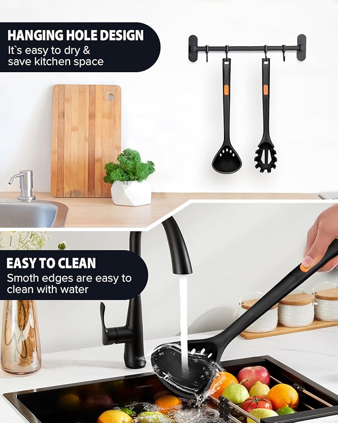 Silicone Pasta Fork and Ladle Spoon Set, Large Non Stick Kitchen Utensils for Cooking,Stirring,One Piece Serving Spaghetti, Soup, Sauce (BLACK)