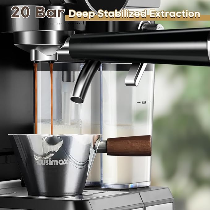CUSIMAX Expresso Coffee Maker with Milk Frother, Cappuccino Machine Makes Espresso, Cappuccino, and Lattes with One-Touch Ease, and the Manual Mode Makes Creative Coffees with Cleaning Function