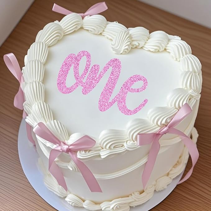 ALISSAR 1st Birthday Cake Topper with 8 Pink Bows – First Birthday Cake Decorations for Girls, Pink Bow, One Cake Topper for 1st Birthday Party