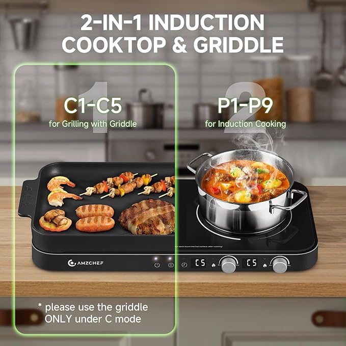 AMZCHEF Double Induction Cooktop with Removable Griddle Pan Non-stick, 1800W 2 burner Portable Induction Stove With Sensor Touch 9 Power Levels, 99 Min Timer, Black