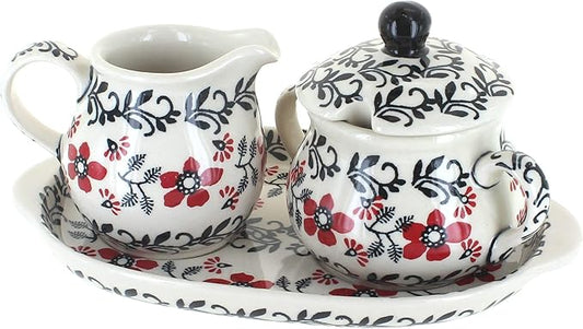Blue Rose Polish Pottery Scarlett Ivy Sugar & Creamer with Tray