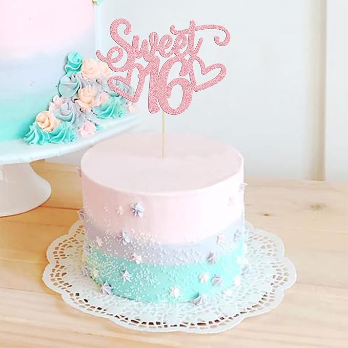 Gyufise 1Pc Sweet Teenager 16 Cake Topper Glitter 16th Birthday Cake Pick for Cheers to 16 Years Old 16th Birthday Party Cake Decorations Supplies Pink