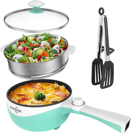 Audecook Hot Pot Electric, 1.7L Mini Electric Skillet Portable Nonstick Sauté Pan with Power Adjustment, Rapid Noodles Cooker Travel Multicooker for Steak/Soup/Egg/Oatmeal/Noodles