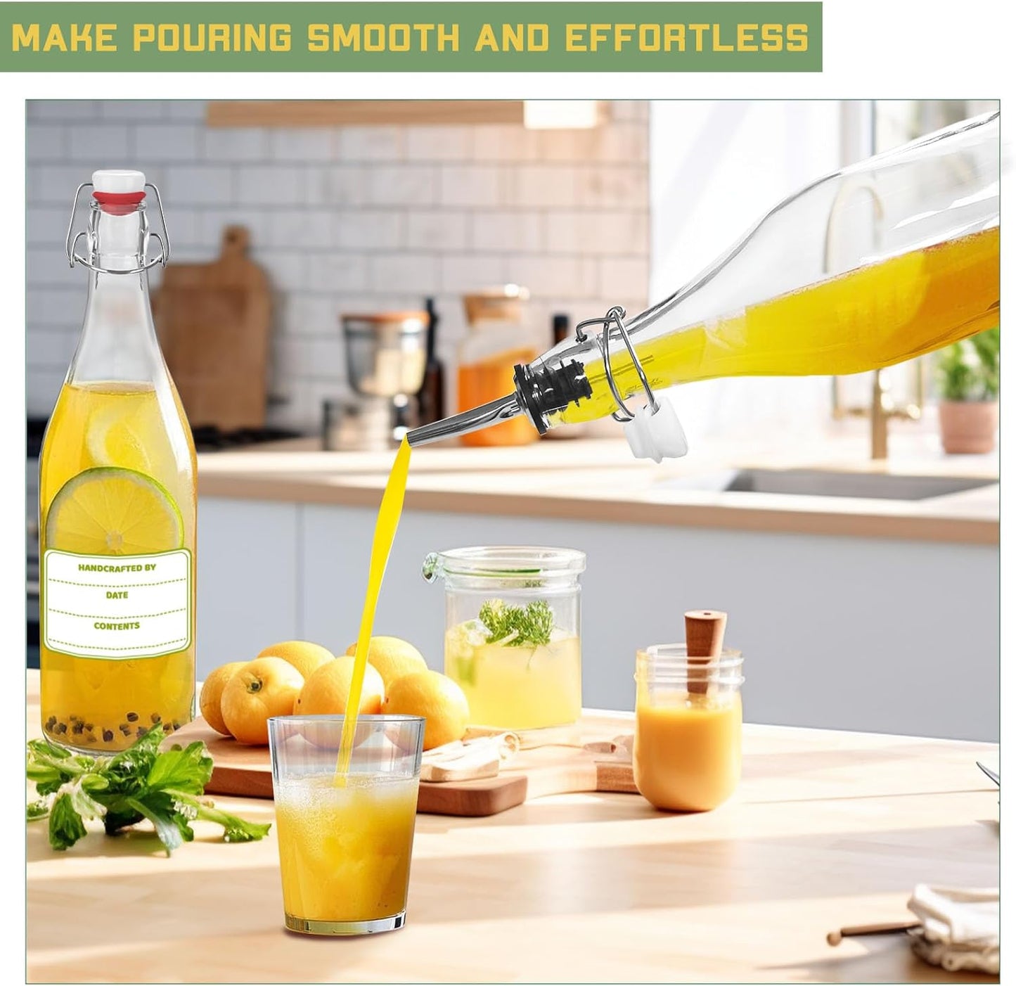 6 Pack [1 Liter / 33 fl. oz.] Swing Top Glass Bottles – Airtight Flip Top Brewing Bottles for Kombucha, Beer, Wine, Kefir, Soda, Liquor – Includes Funnel, 2 Pourers, 6 Seals, 8 Labels & Jute Twine