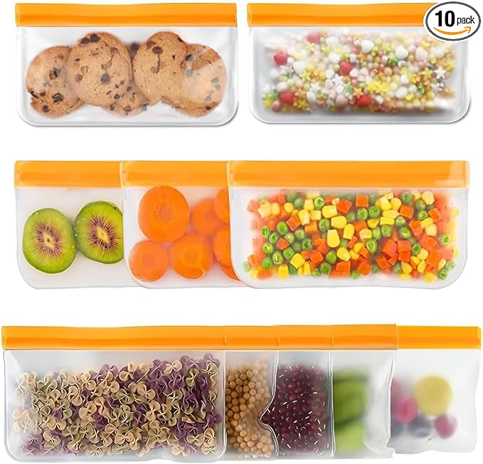 Reusable Snack Bags Dishwasher Safe,10Pack Reusable Bags Silicone Extra Thick Leak-proof Reusable Freezer Bags for Candy, Snack, Cereal, Travel Items, Home Organization（Orange）