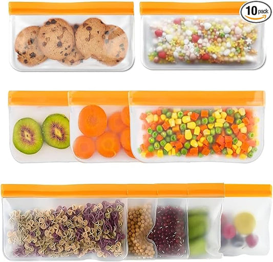 Reusable Snack Bags Dishwasher Safe,10Pack Reusable Bags Silicone Extra Thick Leak-proof Reusable Freezer Bags for Candy, Snack, Cereal, Travel Items, Home Organization（Orange）