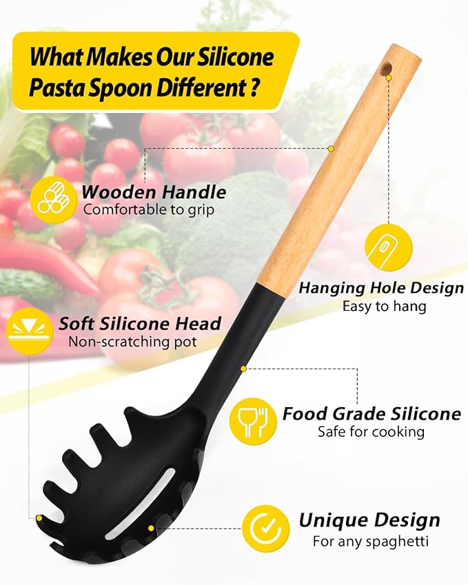 Pack of 2 Spaghetti Spoon, Silicone Pasta Fork with Wooden Handle, Heat Resistant Noodle Spoon Server, BPA Free Spaghetti Strainer(BLACK-RED)