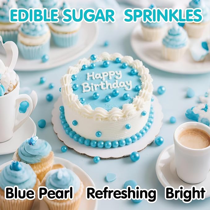 Edible Pearl Sprinkles,Blue Pearl Sugar Sprinkles,130g/4.58oz Mix Size,Baking Edible Cake Decorations, Cupcake Toppers,Cookie Decorating Donuts Ice Cream Toppings,Wedding Party Supplies