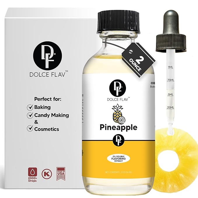 Dolce Flav Pineapple Extract – 2 Ounce Oil-Soluble Kosher, Sugar-Free, Concentrated Tropical Flavor for Candy, Chocolates & Desserts, Includes Measured Dropper