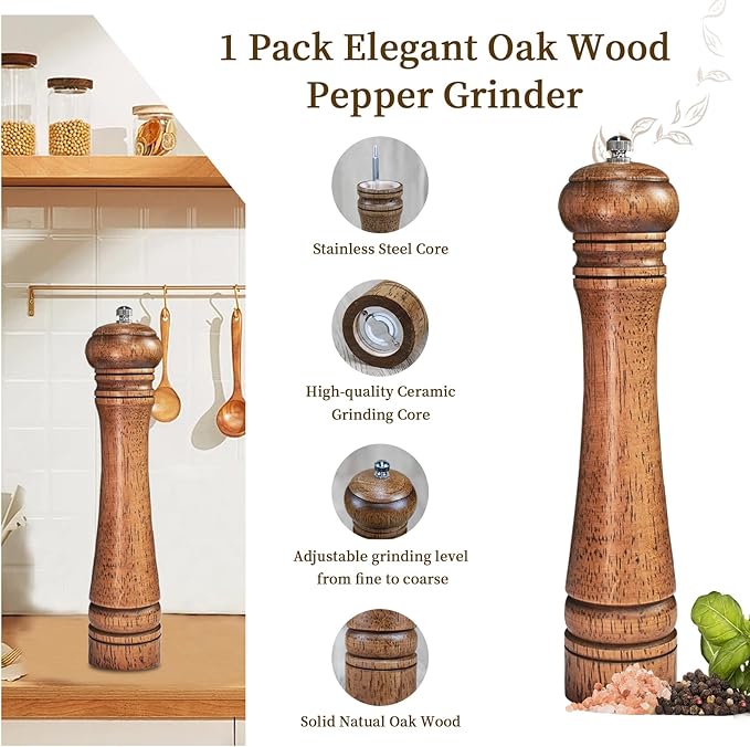 1 Pack - 10 Inch tall Wooden Pepper Mill or Salt Mill Elegant Pepper Grinder Wood with a Adjustable Ceramic Rotor and Easily Refillable - Oak Wood Salt Grinder for Your Kitchen