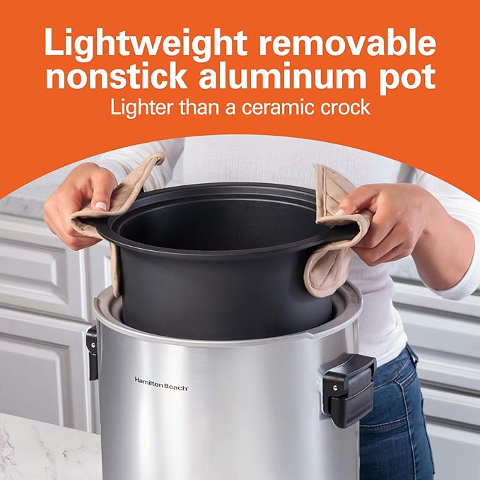 Hamilton Beach Sear & Cook Stock Pot Slow Cooker with Stovetop Safe Crock, Large 10 Quart Capacity, Programmable, Silver (33196)