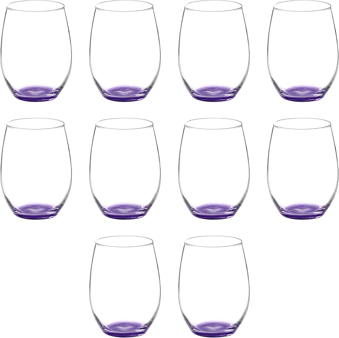 DISCOUNT PROMOS 10 ARC Stemless Wine Glasses Set, 21 oz. - Chardonnay, Cabernet, Merlot, Sauvignon - Purple