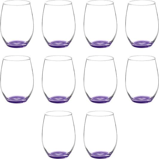 DISCOUNT PROMOS 10 ARC Stemless Wine Glasses Set, 21 oz. - Chardonnay, Cabernet, Merlot, Sauvignon - Purple