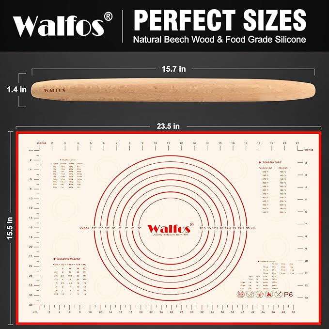 WALFOS French Rolling Pin and Silicone Baking Mat Set, Non-Stick Beech Wood Rolling Pin 15.7 Inch and Pastry Mat for Best Pie Crust, Cookie, Pasta and Pizza Dough