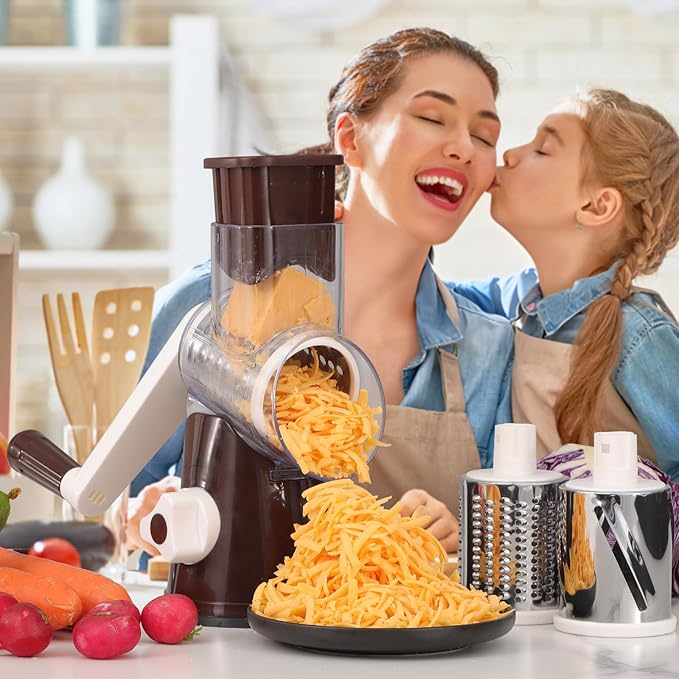 Cambom Rotary Cheese Grater Hand Crank Cheese Shredder for Fresh Cheese, Vegetable, Nuts,Non-slip Suction Base, Free Cleaning Brush Three Blades, Coffe Color
