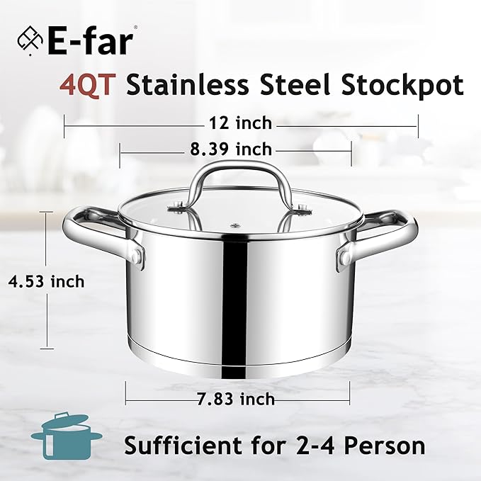 E-far 4 Quart Stock Pot with Lid, Stainless Steel Stockpot for Cooking Simmering Soup Pasta Sauce, with Tri-Ply Bottom & Visible Cover, Induction/Gas/Dishwasher Safe, Heavy Duty & Non Toxic