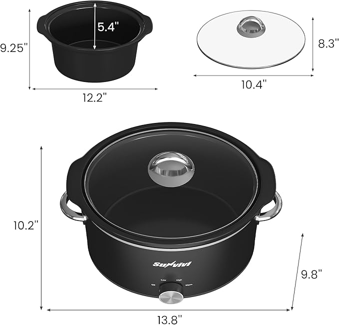 Sunvivi Small Slow Cooker 4QT, Mini Food Warmer with 3 Heating Settings, Removable Ceramic Pot, Dishwasher Safe Glass Lid, Stainless Steel, Black