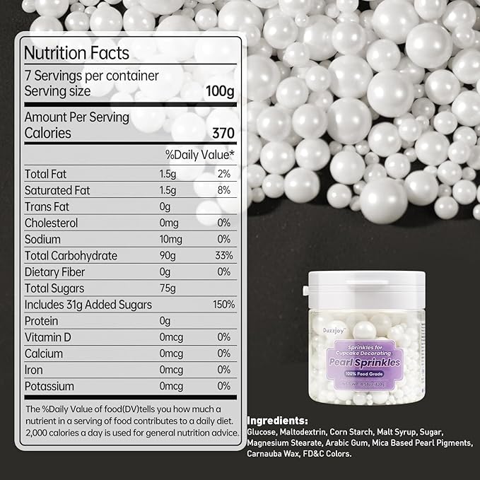 Dazzjoy Edible White Pearl Sugar Sprinkles, White Pearls for Cake Decorating, 130g/4.58oz, Candy Baking Cake Decorations, Cupcake Toppers & Cookie Decoration, Wedding Party Valentines Easter Supplies