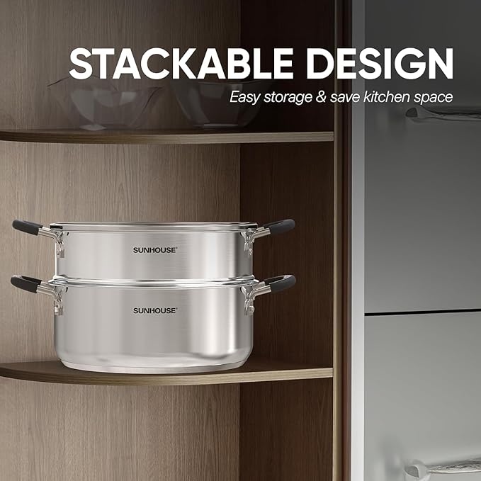 Sunhouse - 4.6 Quarts Steamer Pots With Lid 2-Tier Multipurpose Stainless Steel Steaming Pot Cookware For Vegetable, Dumpling, Sauce, Food - Triple Bottom, Measurement Line