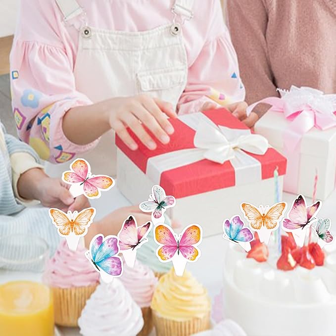 12PCS Butterfly Cupcake Toppers Birthday Decorations Premium Colorful Cake Decoration for Girls Birthday Party Theme Baby Shower Supplies