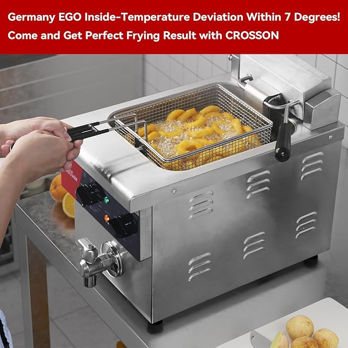 CROSSON 8L Countertop Electric Deep Fryer with Draining Valve,Solid Basket and Lid for Restaurant Use 120V,1800W Stainless Steel Commercial Deep Fryer
