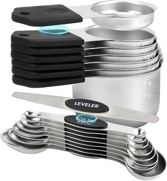 16-Piece Stainless Steel Measuring Cups and Spoons Set, Strong Magnetic Nesting Design 7 Cups 8 Spoons with Leveler, Double Measurement Markings for Dry & Liquid Ingredients, Black