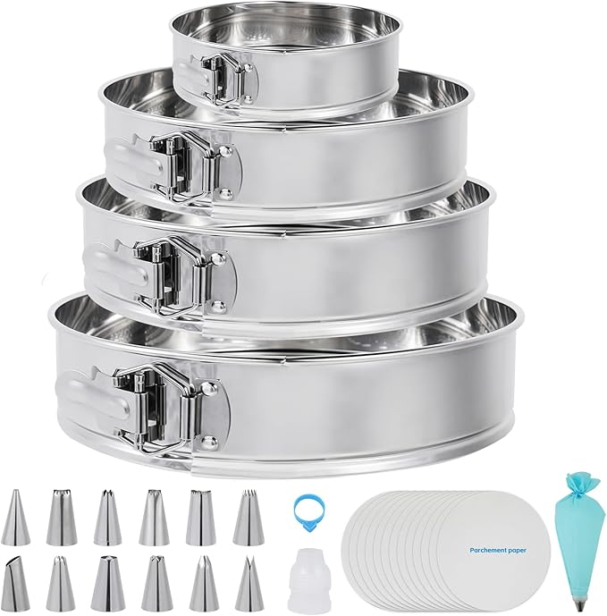 Aufind Springform Pan Set for Baking (4,7,9,10inches), 304 Stainless Steel Springform Cake Pan with Removable Bottom, Cheesecake Pan with 50PCS Parchment Paper for Pie Cake Pizza and Quiches