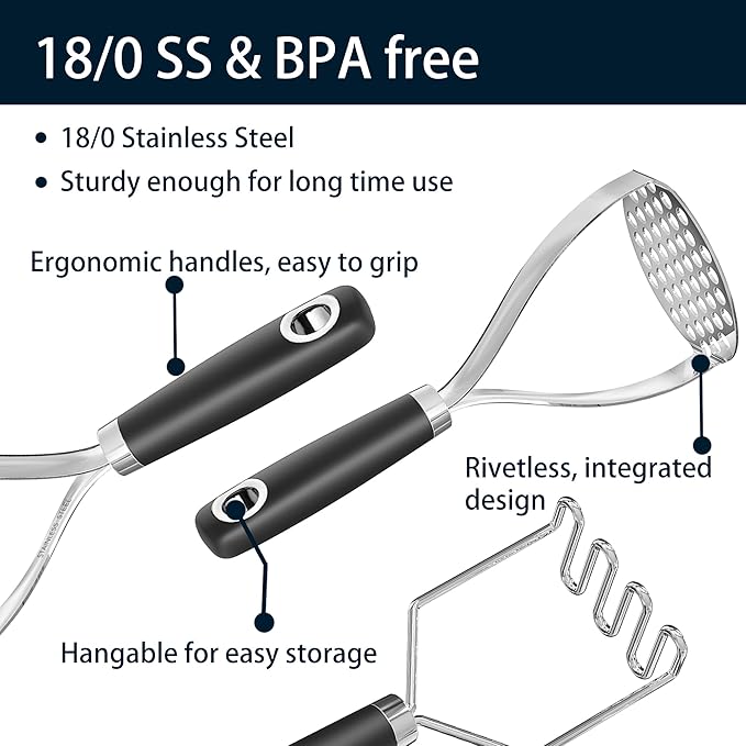 18/0 Stainless Steel Potato Mashers, 10.3-inch, Non-slip Handle, Kitchen Tool for Avocado Vegetable Sauce Butter Pumpkin Puree Bean, Dishwasher Safe, Pack of 2