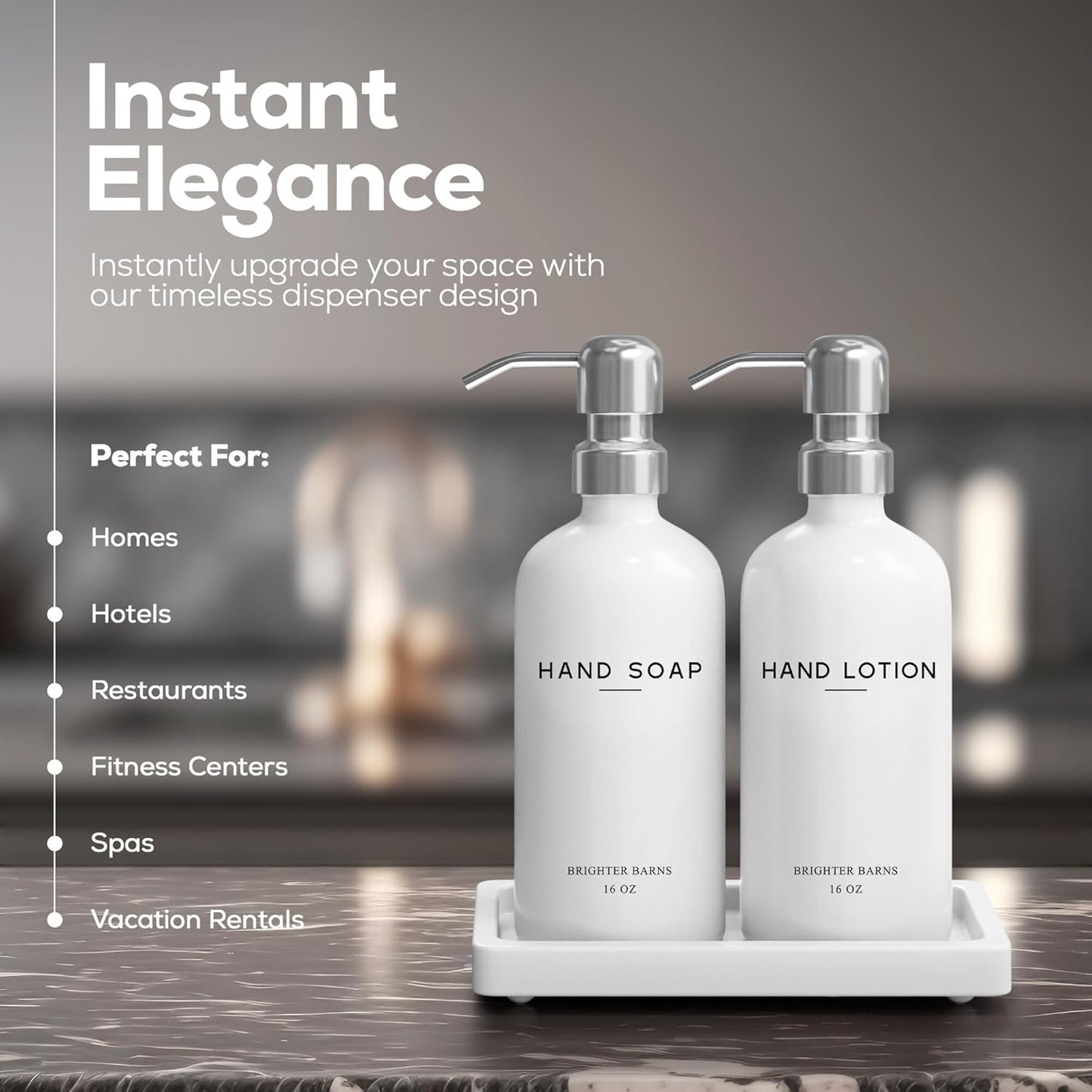 White Glass Soap and Lotion Dispenser Set by Brighter Barns - Bathroom Soap Dispenser Set Tray - Liquid Hand Soap Dispenser Pump - Modern Bathroom Accessories for Guest, Hotel, Spa, Restaurant (White)