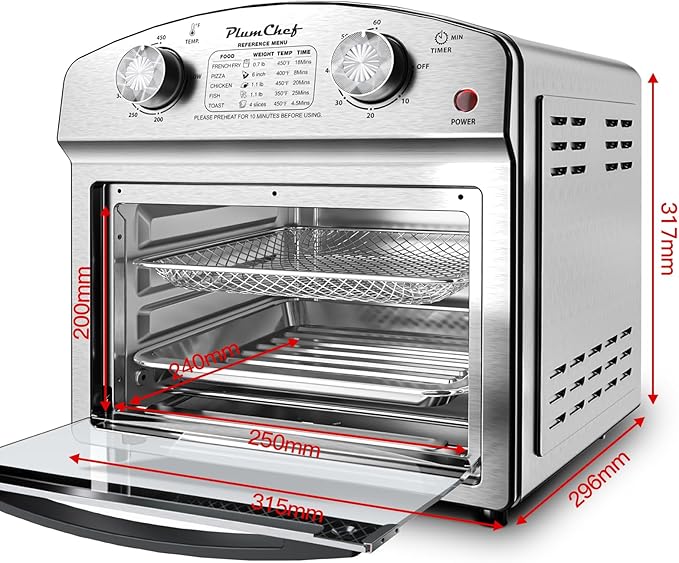 PlumChef 13 Quart 4 Slices Air Fryer Convection Toaster Oven with Reference Menu, 1500W,Multifunction with Roast, Bake, Grill, Broil, Silver