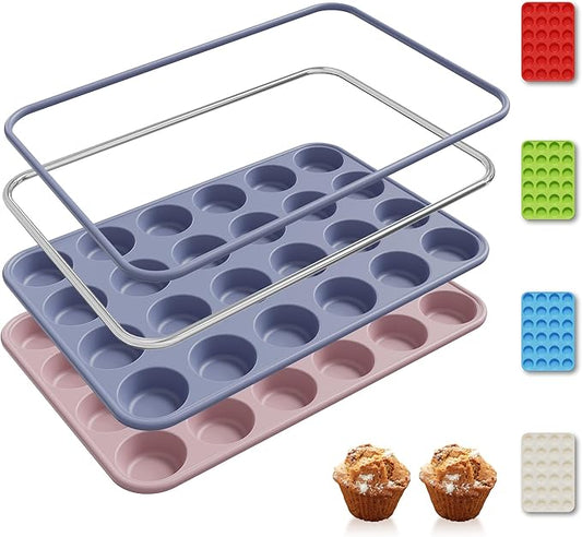 2 Pack 24 Cups Silicone Mini Muffin Pan with Metal Reinforced Frame Silicone Molds Cupcake Pans Tray Egg Bites Circle Cookie Molds Muffin Tin Tart Pans Baking Sheet Set for Breakfast Sandwiches