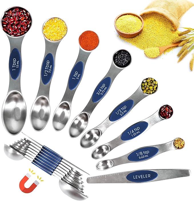 18 Pieces Measuring Cups and Spoons set, Includes 10 Stackable Measuring Cup with Lid and 9 Magnetic Measuring Spoons for Liquid and Dry, BPA Free, Dishwasher Safe (Sapphire)