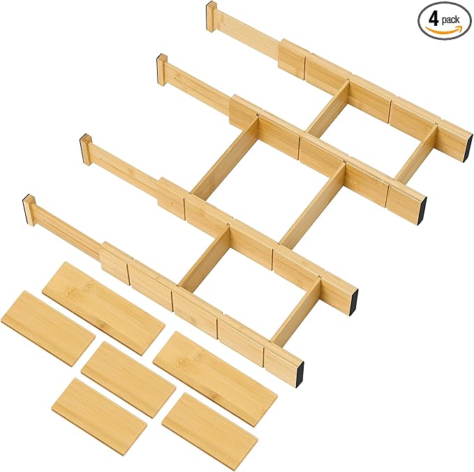 Utoplike 4 PCS Bamboo Kitchen Drawer Dividers with Inserts(Fits 15"-17.7" Drawer Inner Size), Adjustable Drawer Organizers for Socks, Spring Loaded, for Bedroom, Dresser, Bathroom