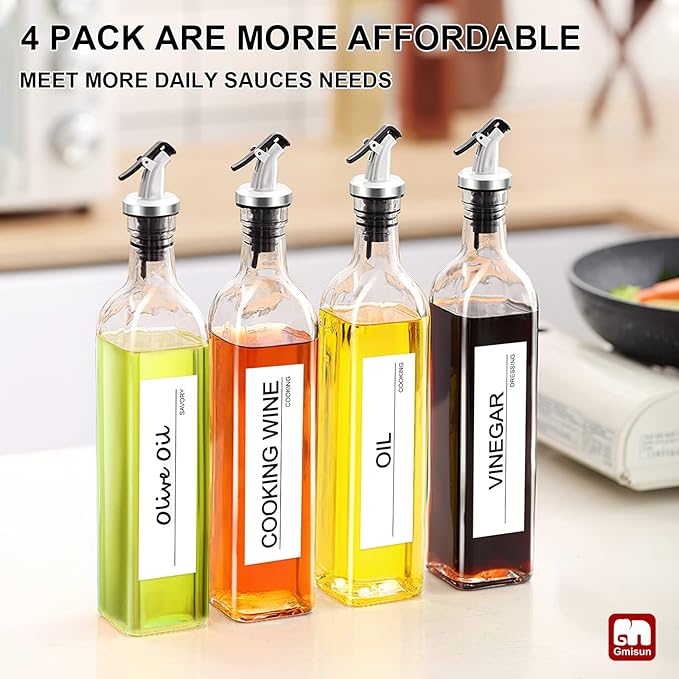 GMISUN Olive Oil Dispenser for Kitchen 4 Pack, Glass Oil Dispenser Bottle 17 fl oz, Cooking Soy Sauce Bottle Container Cruet with Plastic Pourer Spout, Funnel and Labels, Clear