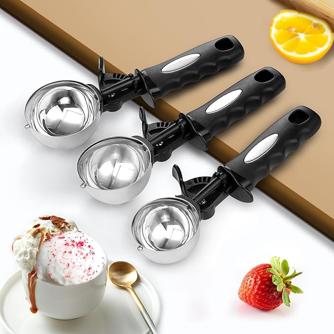 Ice Cream Scoop Set, Cookie Scoop set of 3, 3.25 Tbsp/ 4.9 Tbsp / 6 Tbsp Ice Cream Spoon with Trigger, Cookie Dough Scoop, Portion Scoop 1.63 oz, 2.45 oz, 3oz