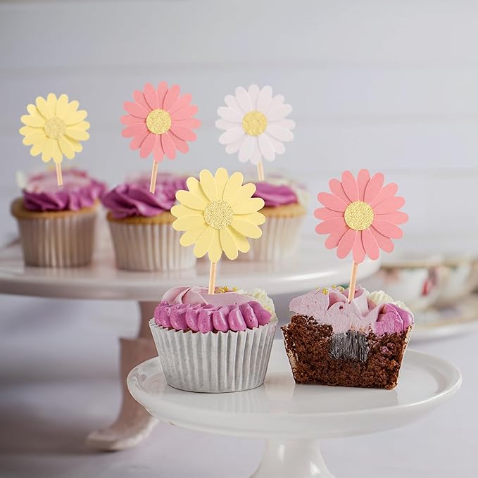 24Pcs Daisy Cupcake Toppers Glitter Flower Daisy Cake Decorations Chrysanthemum Cupcake Toppers Spring Daisy Flower Cake Picks for Birthday Wedding Supplies Multi 2
