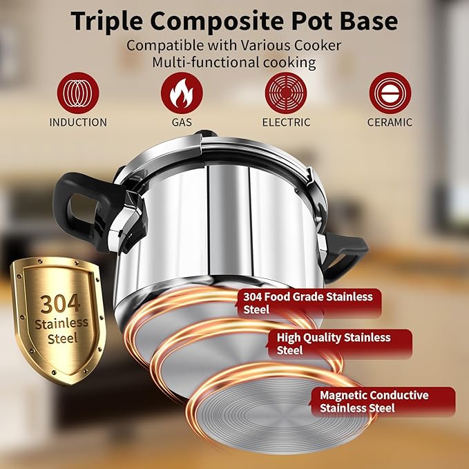 6.3 QT Pressure Cooker, 304 Stainless Steel - Explosion-Proof Lock, One Hand Operation, Fast Cooking, Dishwasher Safe & Induction Compatible, Family Size Cookware
