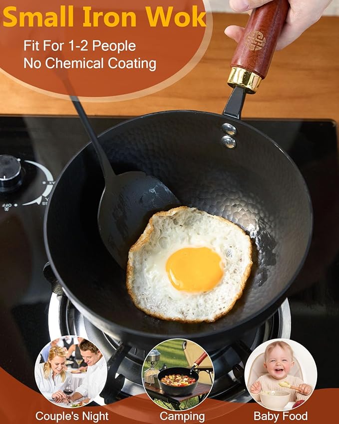 WANGYUANJI Iron Wok,Non-Coated Flat Bottom Small Wok,8.6-Inch Wrought Iron Wok with Lid and Spatula,Stir-Fry Pans Pure Iron Cookware Compatible with Induction, Gas, and Electric Ceramic Cooktops