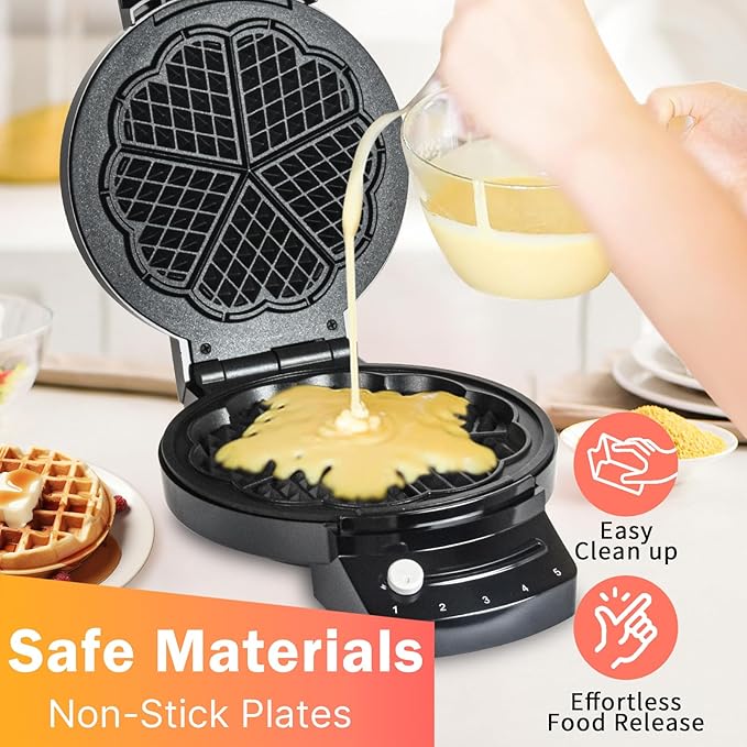 Electric Heart-shape Waffle Maker: 5-Temp Control & Fast Heating - Black round Shape with Non-Stick Scratch-Resistant Coating for Belgian Waffles（Single-plate）