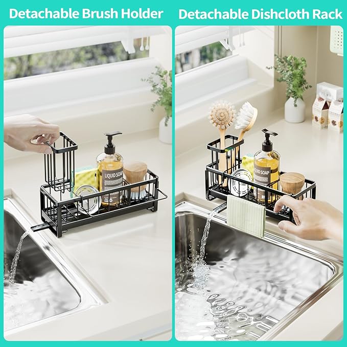 HapiRm Sponge Holder for Kitchen Sink - Self-draining Sink Caddy With Brush and Dishcloth Holders, Stainless Steel Kitchen Organizer for Countertop - Black
