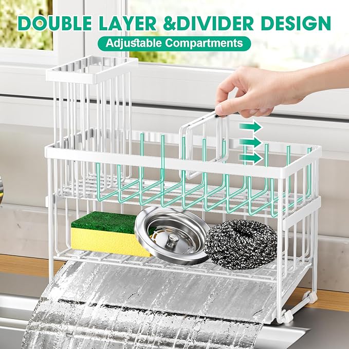 Sponge Holder for Kitchen Sink, 2 Tier Sink Caddy Organizer with High Brush Holder, Self-Draining Sponge Holder for Sinks, Soap Dispenser Organizer, Rustproof 304 Stainless Steel, White