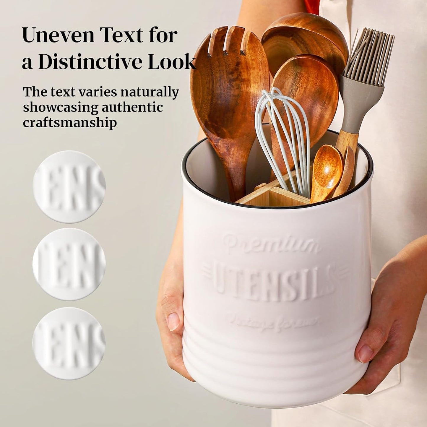 DOWAN 3 Compartment Kitchen Utensil Holder, 7.2″ Extra-Large Ceramic Stable Utensil Caddy, Rustic Cooking Utensil Crock for Farmhouse Kitchen Décor, Utensil Holder for Countertop