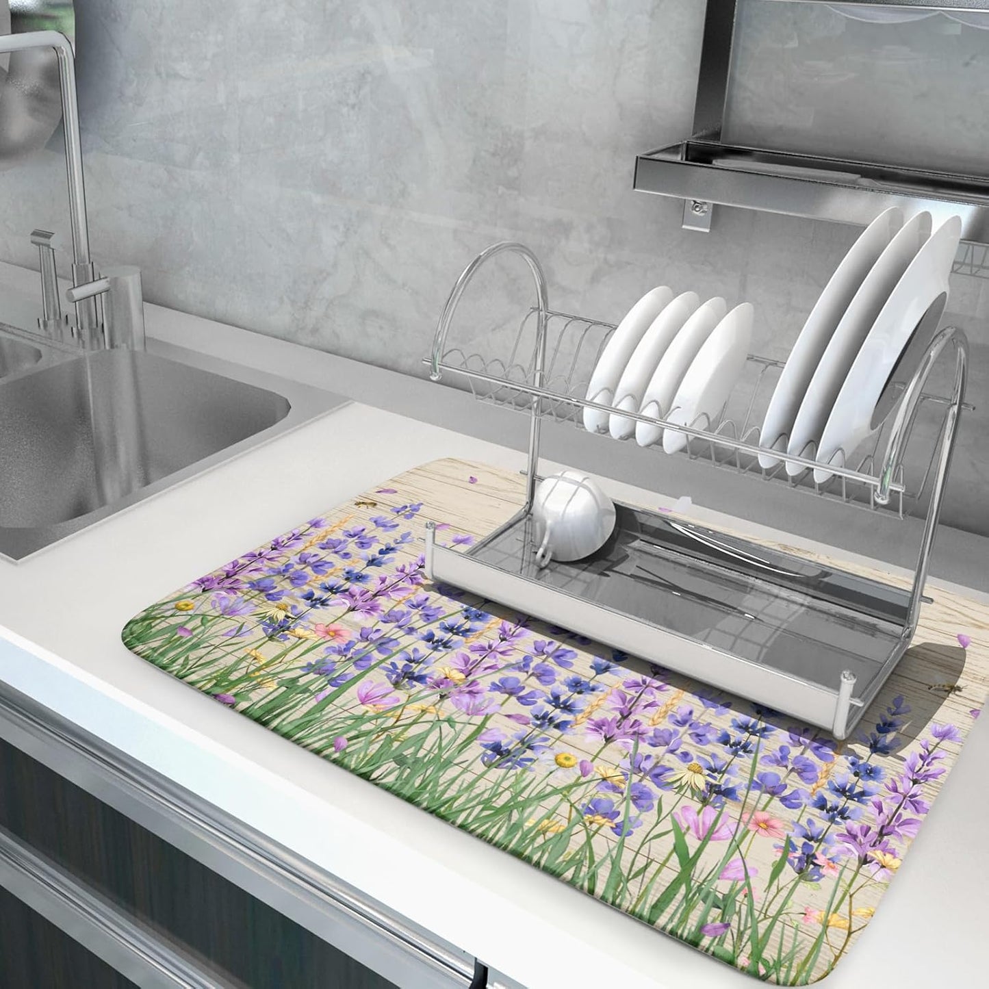 Lavender Floral Dish Drying Mat 18x24 inch Spring Summer Flower Decorative Fast Dry Dishes Drainer Mats Reversible Washable Dish Rack Pad